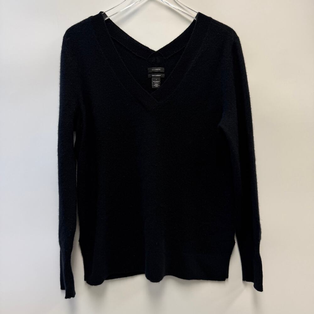 Halogen Double V-Neck Black 100% Cashmere Long Sleeve Sweater Sz 1 (L)